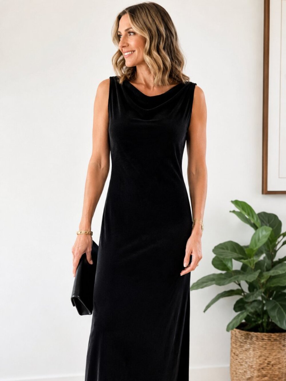 Black Velvet Cowl Neck Midi Slit Dress Sleeveless Nobody’s Child Size 10 NWT
